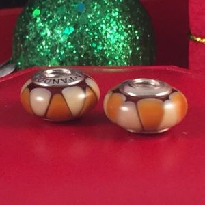 2 PANDORA Sterling Silver Amber Murano Glass
